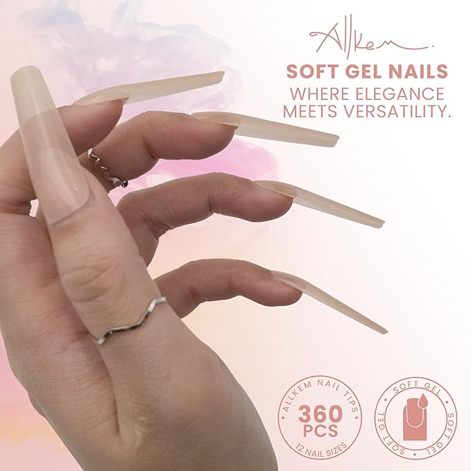 Allkem Soft Gel Nail Tips - 360 pcs XXL Square Nail Extensions - 12 Sizes Extra Extra Long Full Cover Nails - Nude (360 Pieces)