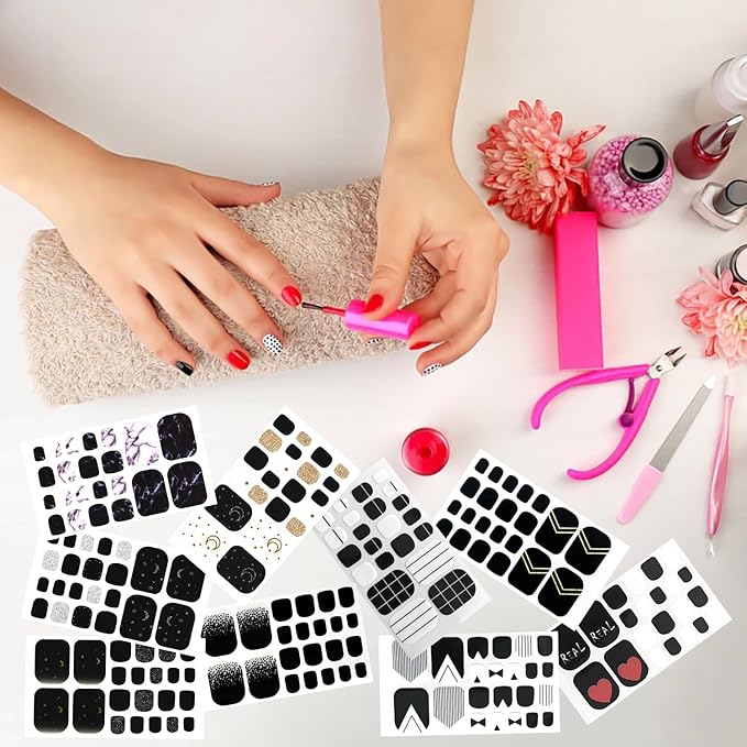DANNEASY 20 Sheets Toe Nail Stickers Full Nail Wraps - Black, Toenails Polish Strips Self Adhesive Toenail Polish Stickers Gel Strips Manicure Sticker Nails for Women with File, Cuticle Stick