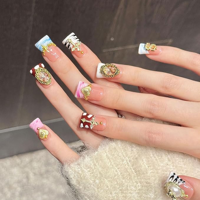 Medium Duck Handmade Unique Fake Nails French Tip False Nails Luxury Gold Charms Designs Valentine's Day Press on Nails for women 10Pcs