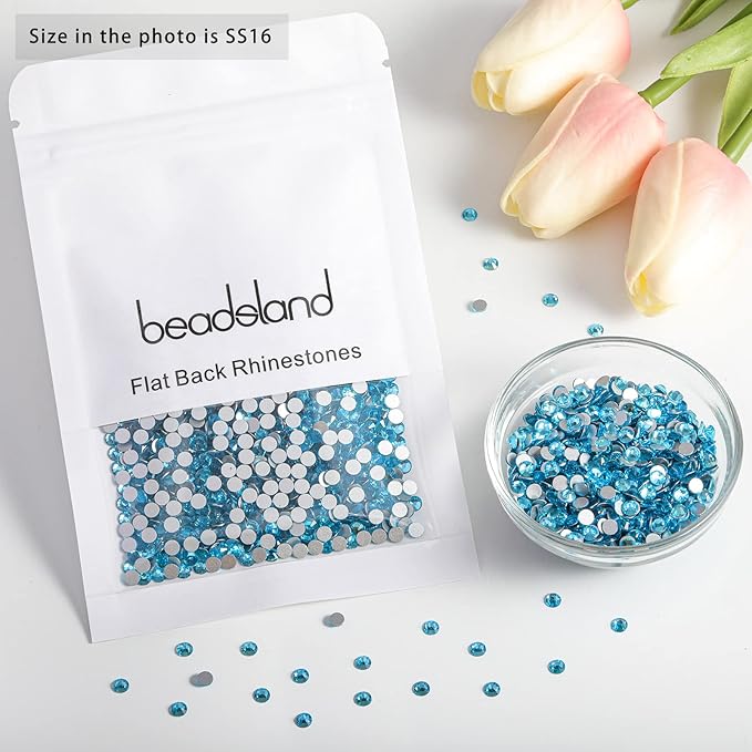 Beadsland Flat Back Crystal Rhinestones Round Gems for Nail Art and Craft Glue Fix, Aquamarine, 3.8-4.0mm, SS16/1440pcs
