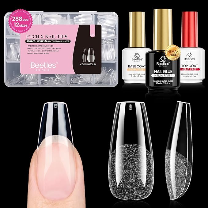 Beetles Gel Nail Kit Etch-X, Medium Coffin, 288pcs 12 Sizes Nail tips, 3Pcs 15ml HEMA-Free Nail Glue Top Coat & Base Gel Set, for Acrylic Press On Nail, Long Lasting Extension DIY Set at Home