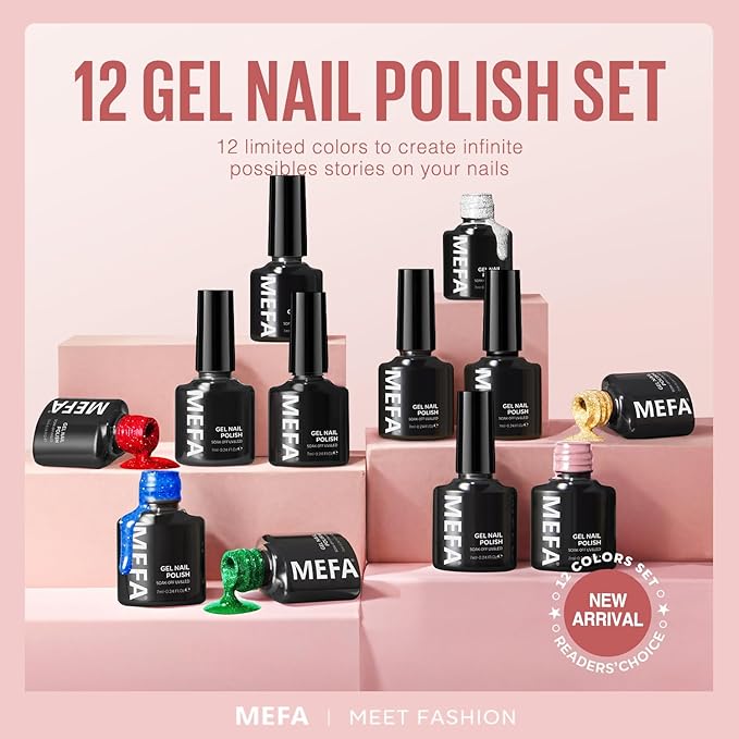 MEFA Gel Nail Polish Set Limited Edition, 12 Colors Burgundy Red Dark Green Glitter Gel Polish Winter Silver Gold Sparkle Nail Polish Manicure Soak Off Salon Christmas Gifts for Women Girl