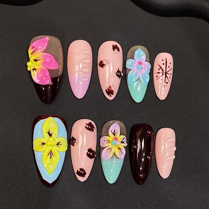 Handmade Press On Nails Medium Almond Fake Nails French Tip False Nails With 3D Flower Design Full Cover Acrylic Nail Glossy Floral Stick On Nail For Women DIY Manicure 10Pcs(SIZE:Large)