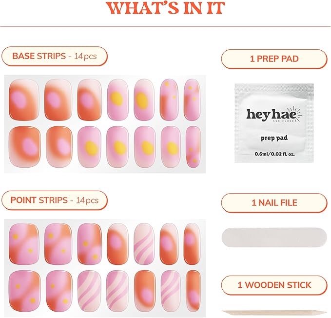 Heyhae Semi Cured Gel Nail Strips | No LED Lamp Needed | Ombre, Pink, Spring | Easy Apply & Remove, Salon Quality | Includes 28 Strips, 1 Prep Pads, Nail File & Wooden Stick - Hey, You're Enchanting