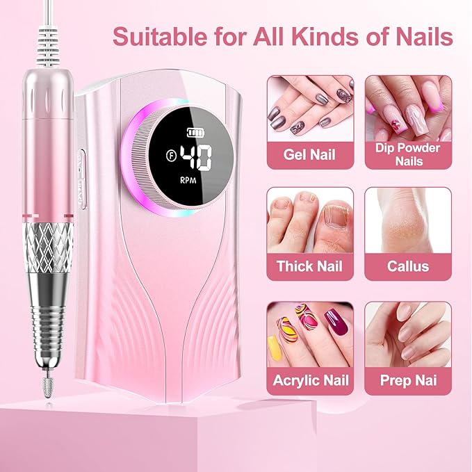 Electric Nail Drill Machine Professional, Cordless Rechargeable Nail Drill Kit Low Heat Quiet E-File for Acrylic Gel Polishing Removing with Bits Kit for Manicure Salon Home (Pink)