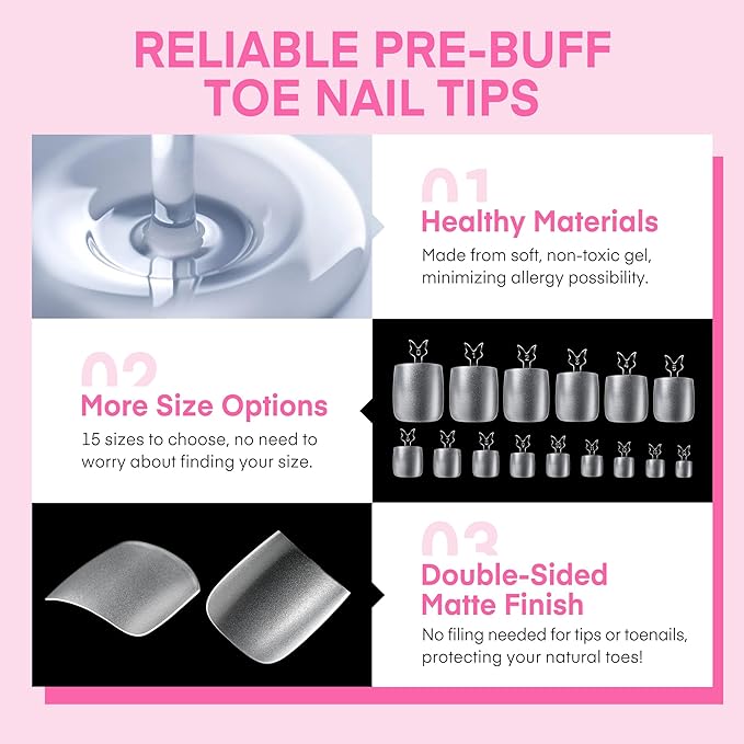UNA GELLA Square Toe Nail Tips For Big Toe, 504Pcs 15Sizes Soft Gel Full Cover Toe Nail Tip Pre-buff Fake Acrylic Toes Nail Press Ons Soak Off Pedicure For Nail Extensions Home DIY Nails Salon