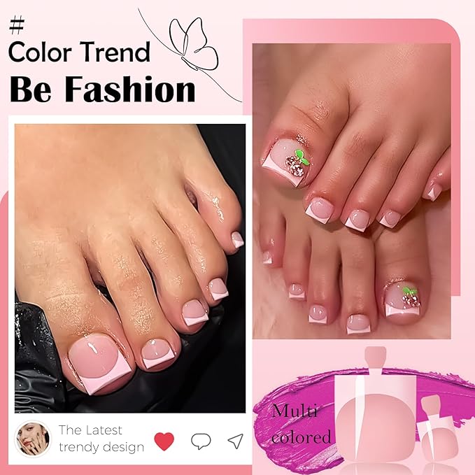 150pc Pink French Tips Press on Toenails Women Fake Toe Nails Kit, Berry Pink Toe Nail Press ons Nail Short Square Fake Toenails French Toes Nail Tips Stick Acrylic Toes Nails with Adhesive Tabs