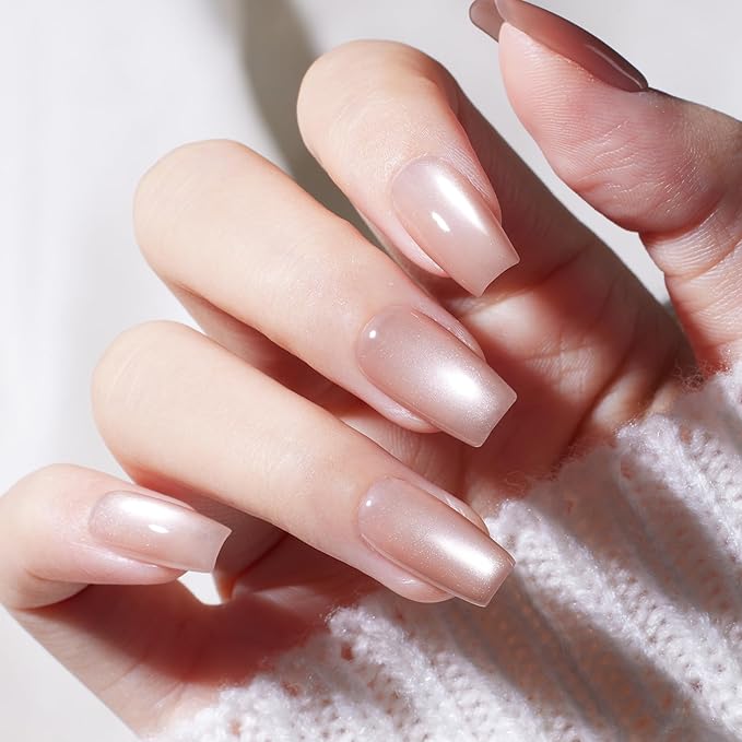 Beetles Silk Serum Nude Cat Eye Gel Nail Polish - 15ML Nude Gel Polish Cat Eye Base Color Glitter Magnetic Translucent Glassy Effect Soak Off UV French Nail Art DIY Manicure Gift for Women