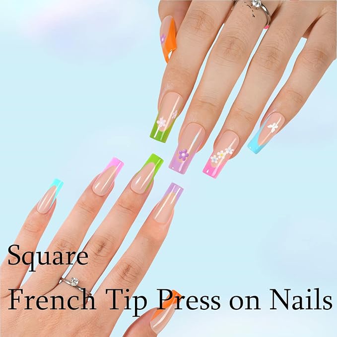 150pcs Long French Tip Press on Nails, 5 Styles Soft Square French Gel Nail Tips 15Sizes, Pre-lasting No Need to File Acrylic Fake Nail Tips, False Nail Tips Extension for Women Nails