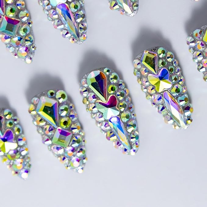10 Pieces Handmade Press On Nails Medium Almond, Thickened False Nails With Rhinestone Design, Reusable Fake Nails Almond, Reusable Acrylic Nails (M)