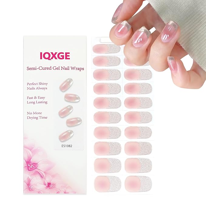Blush Pink Semi Cured Gel Nail Strips French Tip 20Pcs Glitter UV Gel Nail Stickers Glossy Nails Polish Strips UV/LED Light Needed Self Adhesive Full Polish Nails Wraps for Women