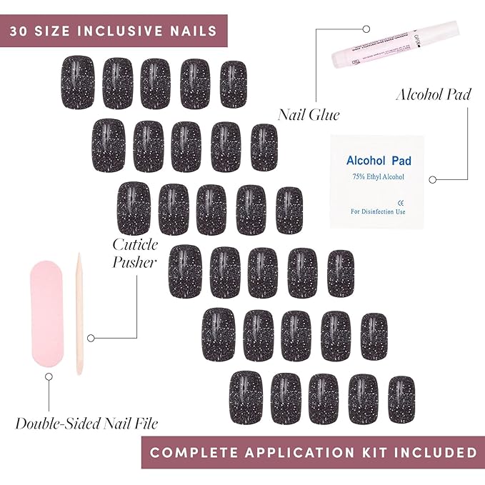 Glamnetic Press On Nails - Cosmic Fake Nails | Semi-Transparent Sparkly Black Short Squoval Fake Nails with a Glossy Finish, Salon Quality | 15 Sizes - 30 Nail Kit with Glue