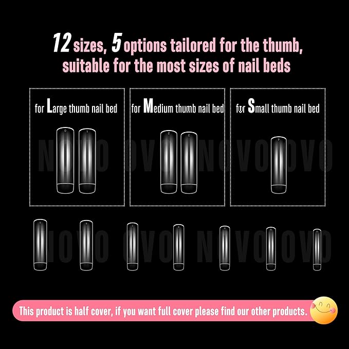 NOVO OVO Half Cover XXL Curved Nail Tips, Square Shallow Paste Soft Gel x Long L XL XXXL Hawk Curve Claw 90s' Y2K Fake Nails Extension kit, Clear Soft French False Nail for Acrylic 12 Sizes 240pc