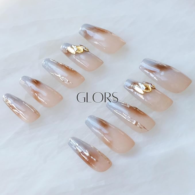 Ombre Press On Nails, Long Ballerina Style, Nude to Gray with Gold Accent, Handmade False Nail 10 Pieces (Small,LB)