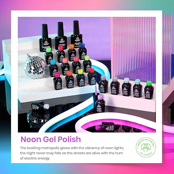 Beetles Spring Gel Nail Polish Set - 20 Colors Neon Gel Polish Kit with 3Pcs Base Top Coat Hot Pink Orange Blue Lemon Green Glitter Colors Soak Off UV Manicure Rainbow Nail Gift for Women