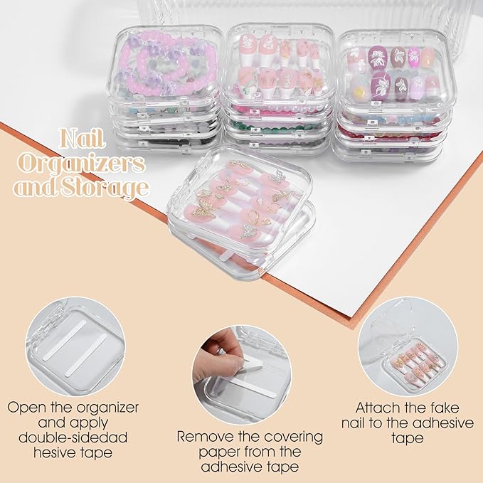 Press On Nail Orgnizer 14 PCS Clear Press On Nail Storage Boxes and 1 Big Storage box with 60 Pcs Adhesive Double Sided Tape, On Packaging for Fake Display Salon