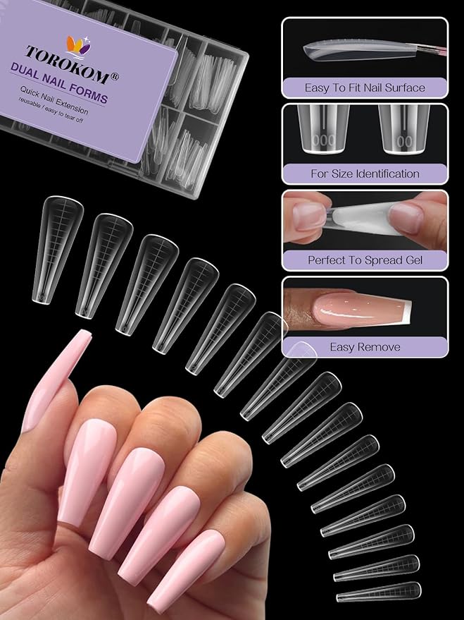 TOROKOM Dual Nail Forms for Poly Nail Gel, 150 PCS Coffin Structure Poly Nail Gel Square Nail Molds for Builder Gel Poly Extension Gel Nail Art Design Salon&DIY