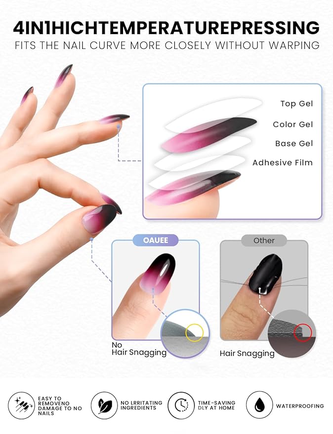 Semi Cured Gel Nail Strips | Built-In Gel Top Coat | UV Light Required | Salon Quality, Easy Application And Removal (Nocturnal Fuchsia）