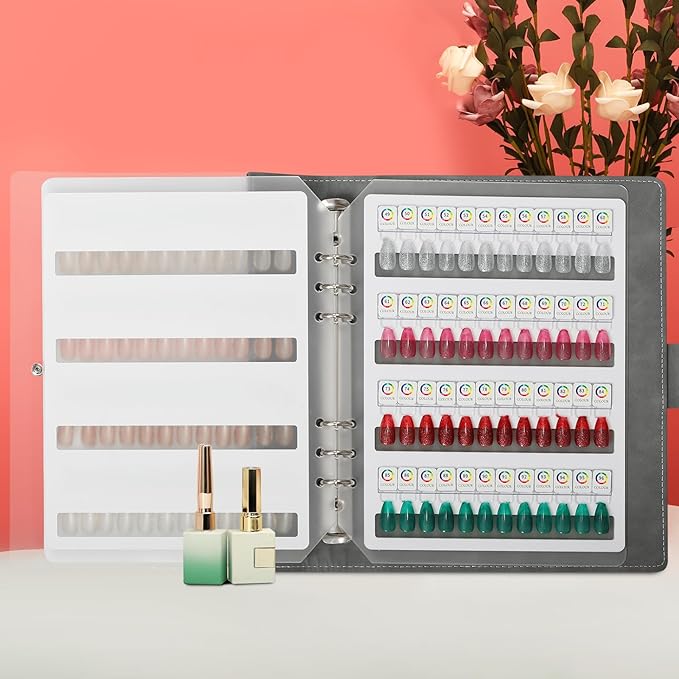 144 Magnetic Nail Color Book,Leather Magnetic Color Display Book with 144PCS Magnetic Tips & 1-240 Number Labels,Perfect for Nail Polish Nails Art Design(Gray)