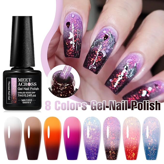 MEET ACROSS 8Pcs Color Changing Gel Nail Polish Set Nude Brown Amber Temperature Mood Changed Glitter Nail Polish Gel Polish DIY Salon Gift for Women