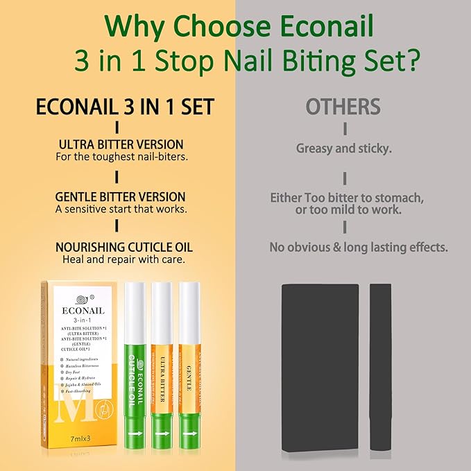 3 IN 1 Nail Biting Prevention Kit for Kids & Adults -3 Pack Includes Extra Strength+ Gentle Bitter Polish + Cuticle Oil. Fast Drying Formula Stops Nail Biting & Thumb Sucking