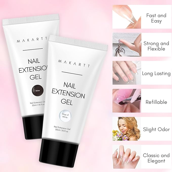 Makartt Poly Nail Gel Set: 2 Colors 50ML, Sheer Black and Milky White, Strong Builder for Extension, Strengthener, 3D Diy, Broken Nails Repair, French Manicures Salon Supplies At Home