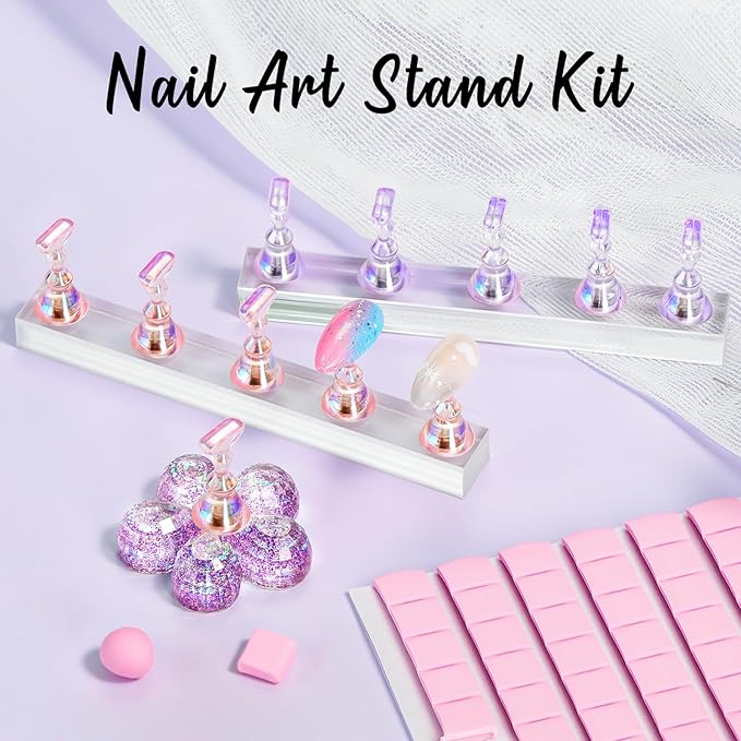 Makartt Nail Stand: Nail Holder for Painting Nails DIY, Magnetic Press on Stand Pink and Purple for Art Display Practice, Purple Glitter Flower Fake Holder for Home Salon with Reusable Adhesive Putty