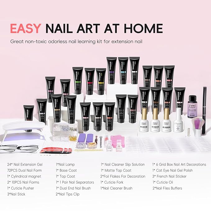 PEACECOLOR 50Pcs Poly Nail Gel Kit with U V Light 24 Colors 16ml Poly Extension Gel Pink Black Nude With Base Matte Top Coat Starter Kit with Slip Solution Nail Tools DIY For Beginners Home Salon