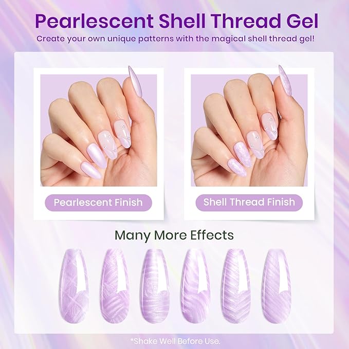 Beetles Purple Gel Polish Set - 6 Color Purple Shimmer Pearl Jelly Gel Polish with Nail Brush Soak Off LED Lamp Swirl Shell Thread Effect DIY Manicure Spring Gifts for Mom