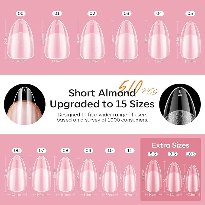 modelones X Nail Gel Kit, Upgrade 15Sizes Pre-shaped Gel Nail Tips Short Almond Shape, 9-in-One Glue Prep Dehydrator & Portable Led Lamp, 510Pcs Press On Extension Kit Gift for Women