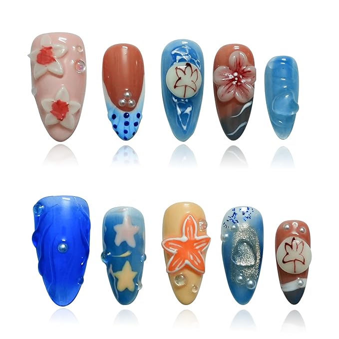 Summer Beach Press on Nails Medium Almond - Blue Ocean French Tip False Nails with 3D Flower Colorful Sea Starfish Designs Full Cover Handmade Stick on Nails (Blue Floral Carving,S)
