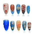 Summer Beach Press on Nails Medium Almond - Blue Ocean French Tip False Nails with 3D Flower Colorful Sea Starfish Designs Full Cover Handmade Stick on Nails (Blue Floral Carving,M)