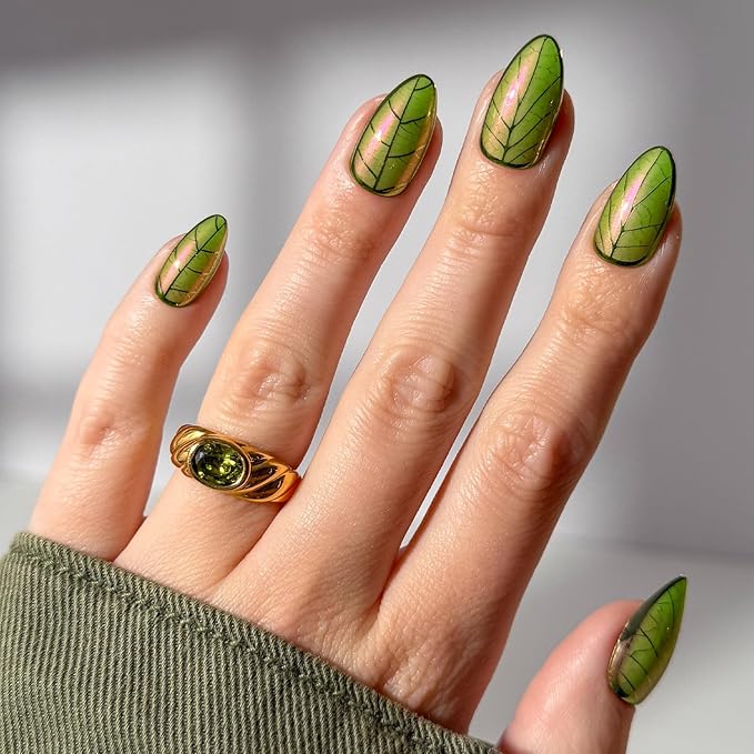 Glamnetic Press On Nails x Harry Potter™ - Mandrake | Short Almond Fake Nails with Iridescent Glazed Green Shimmer, Salon Quality Officially Licensed | 15 Sizes - 30 Nail Kit with Glue