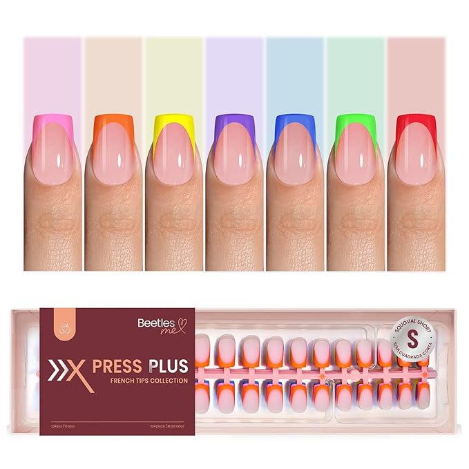 Beetles Summer Press On Nails 224 Pcs 7 Colors, French Tip Nails Short Squoval Classic Fake Nail Tips, Rainbow Soft Gel Nails False Nails Art DIY For Women