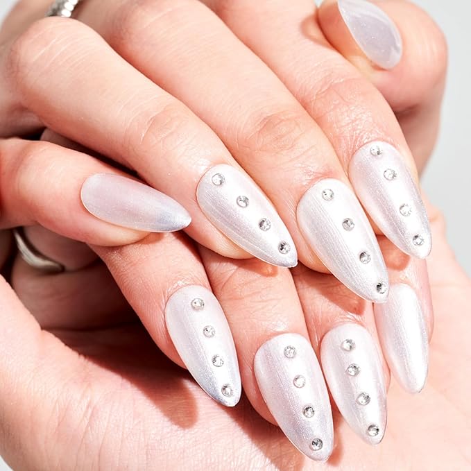 GLAMERMAID Nude White 3D Press on Nails Medium Almond, Rhinestone Handmade Jelly Gel Fake Nail Stiletto Kit, Ombre Glitter Magnetic Glue on Nail Short Oval, Normal Stick on False Nail Set for Women