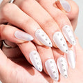 GLAMERMAID Nude White 3D Press on Nails Medium Almond, Rhinestone Handmade Jelly Gel Fake Nail Stiletto Kit, Ombre Glitter Magnetic Glue on Nail Short Oval, Normal Stick on False Nail Set for Women