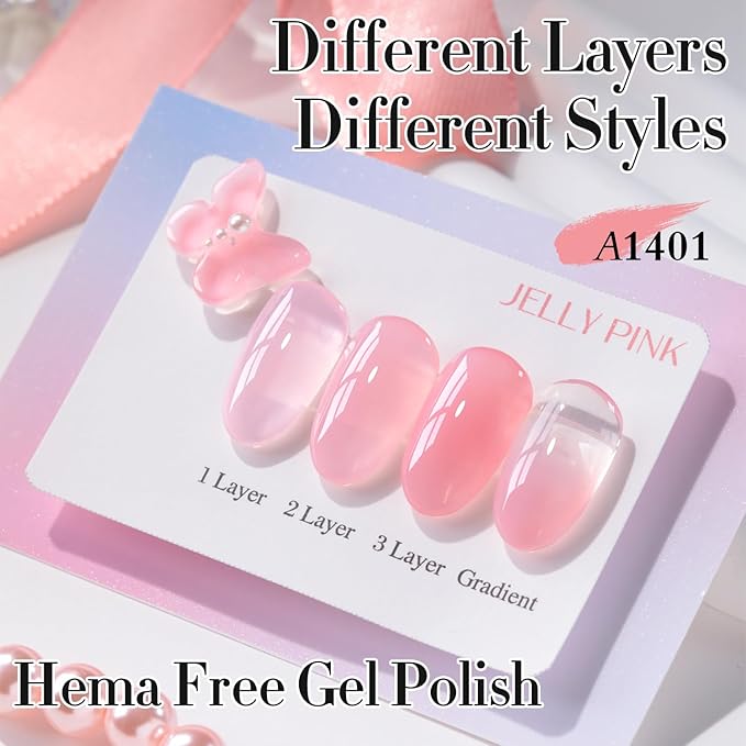 Double Rhythm 0.50 OZ Gel Polish Hema Free Same Color Same Bottle Golden Round Translucent Neutral Natural Milky 15 ML Jelly UV Polish Art DIY at Home (Jelly Pink-C1401)