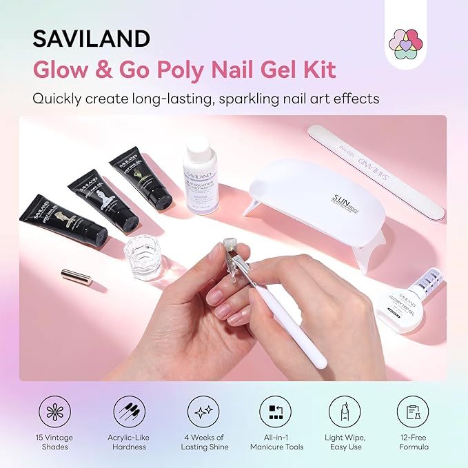 SAVILAND Hema-Free Poly Extension Gel Nail Kit: 15 Colors Poly Gel Nail Kit for 4 Weeks Lasting, White Jelly Nude Brown Glitter Cat Eye with Slip Solution U V Lamp for Nail Art Home Salon Daily DIY