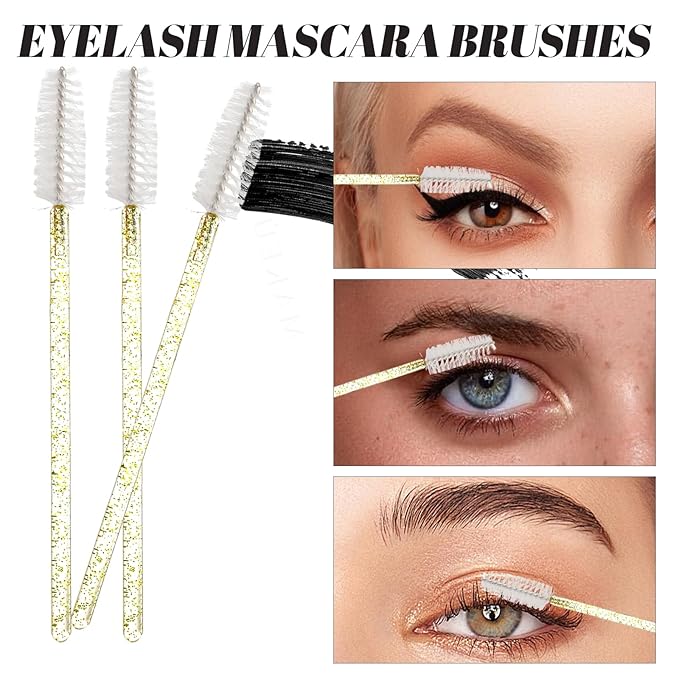 300 PCS Eyelash Extension Supplies Kit, Disposable Micro Swab Brush, Eyebrow Spoolie, Lip Brush, Mascara Wand Applicator (Crystal gold handle white kits)