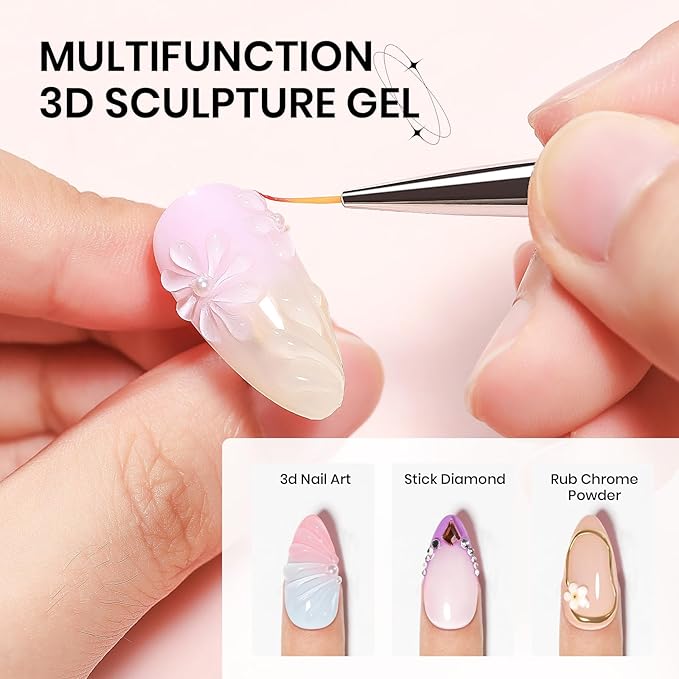 3D Gel Nail Art with No Wipe Chrome Powder Sculpting Painting Gel for Nail Charms Rhinestone Decoration Adhesive with Nails Art Brushes DIY Manicure at Home