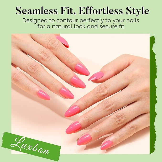 Luxbon Short Press On Nails Almond Acrylic with No-Cure Nail Glue and Tool Kit – Glue On Nails Soft Gel Nail Tips 25-30pcs Full Size Set, Reusable Fake Nails for Women, Salon Look at Home, Cherry