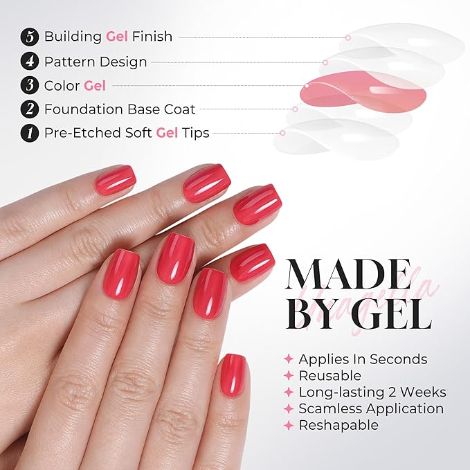 UNA GELLA Soft Gel Press on Nails - 16 Sizes Red Short Square Glue on Nails, 32Pcs Reusable Red Solid Color False Nails with Glue, Full Cover Acrylic Nail Kit for Women DIY Home Manicure