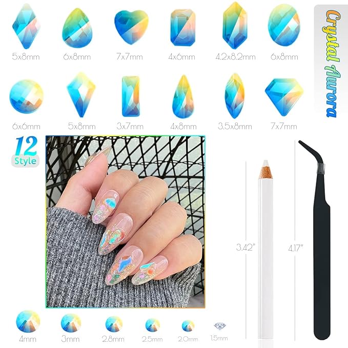 Aurora Nail Art Rhinestones Clear Moonlight Nail Charms Multi Shapes Aurora Flatback Rhinestones Big Gems Round Beads K9 Glass Crystals Diamonds Jewels for Nails Faces Makeup