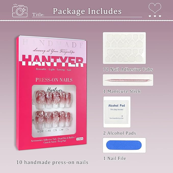 Medium Ballet Press On Nails,Handmade Soft Gel Winter Fall Fake Nails in Camellia Gradient Pink Gypsum Pearl Design, Full Cover Thick Acrylic False Nails for Women 10PCS Tools Kit(Size S)
