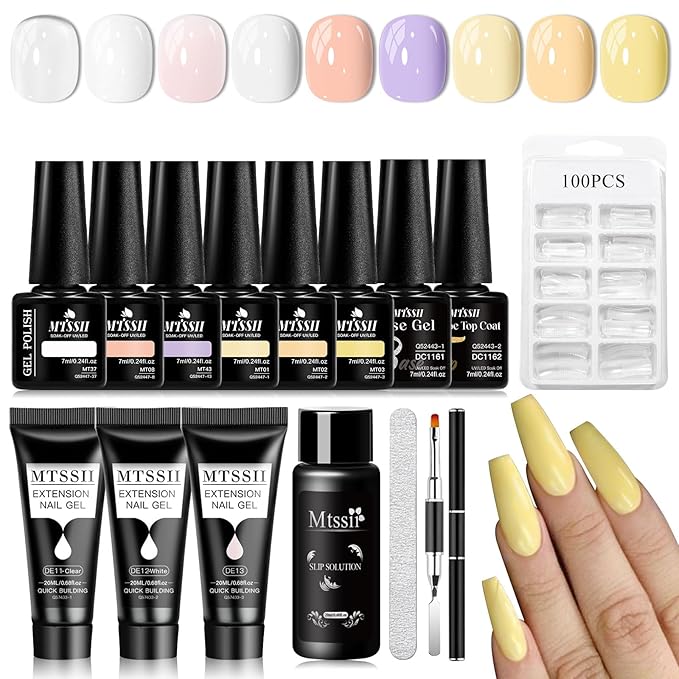 MTSSII 15Pcs Gel Nail Polish Set 6 Colors Nude Gel Polish + 3Pcs Poly Nail Gel Poly Extension Gel for Nail with Slip Solution, Dual-Ended Brush, Nail File Manicure Kit