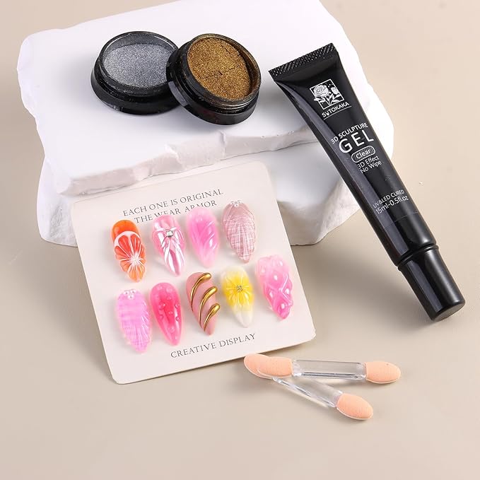 3D Gel Nail Art & Chrome Nail Powder Kit, 15g Clear Sculpting Gel No Wipe Molding Gels Glue with Gold Silver Metallic Mirror Effect Chrome Powder Manicure DIY Salon Home Use