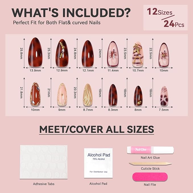 Medium Press on Nails Almond Fake Nails Brown False Nails,Flowers Artificial Nail with Gold Brown Leopard Charm Designs Fall Autumn Handmade Nail 3D Floral Stick on Nails for Women,24pcs