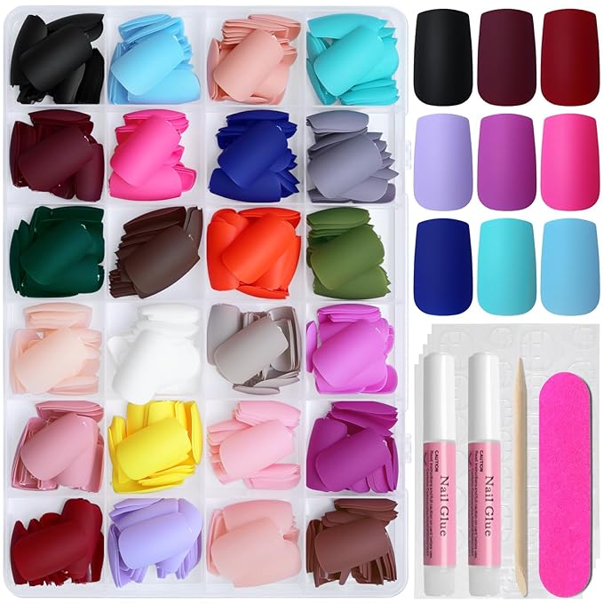 AddFavor Press on Nails Medium Square Fake Nails, 576pcs 24 Colors Square Press on Nails Full Cover Acrylic Nail Press ons, Matte False Nail Tips for Women Glue on Nail