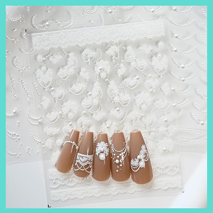 White Lace French Line Nail Art Stickers Pearl Rhinestones Embossed French Line Nail Decals for Nail Art Design Self-Adhesive Nail Accessories for Women Nail Art Supplies 3 Sheets