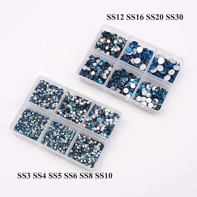 NCB 8000pcs Non Hotfix Rhinestones 10 Sizes Flatback Crystal Glass Rhinestones with Tweezers and Picking Pen for Nail Art Clothes Bags Phone Decorations Crafts DIY (007 Blue Zircon Mix SS3-SS30)